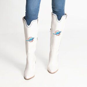 NFL Licensed White Knee-High Cowboy Boot-Miami Dolphins